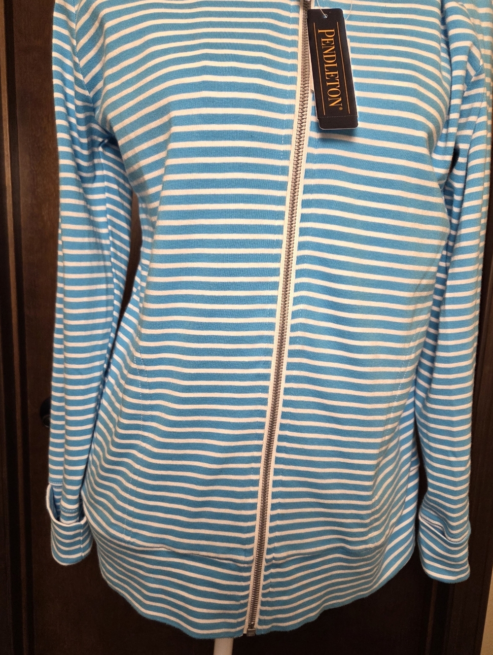 Pendleton Woolen Mills Aqua & White Striped Hooded Zip Jacket - Picture 3 of 15
